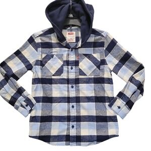 Levi's Kids Hooded Flannel Shirt Blue Plaid Size L 10/12‎ Long Sleeve